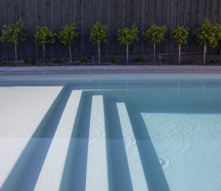 Fibreglass pool entry steps and swim-out shelf installed by Master Pools, South East Melbourne